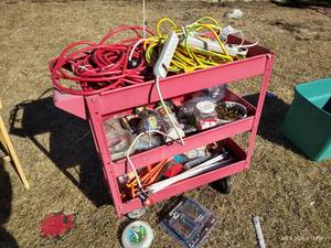 lot 592 image: Cart And Contents - Cords, Hardware, Etc. - Cart Needs a Little Work