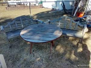 lot 618 image: Two Large Wooden Benches And Table - Weathered