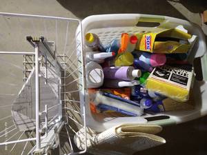 lot 644 image: Basket of Household Cleaners & Rev-a-Shelf