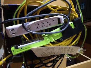 lot 656 image: Box of Power Strips & Power Plugs & Hanging Light