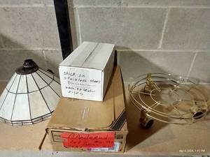 lot 684 image: Glass Lamp Shade, Tiles & Rolling Plant Stand