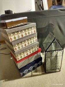 lot 759 image: Glass Christmas Decoration & Stack of Gift Boxes