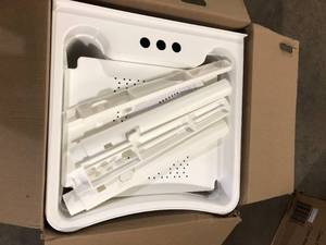 lot 9 image: Glacier Bay 24 in. D x 24 in. W Freestanding Laundry Tub in White with Non-Metallic Pull-Out Faucet in Chrome Customer Returns See Pictures