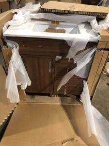 lot 25 image: Home Decorators Collection Bilston 36 in. W x 19 in. D x 34 in. H Single Sink Bath Vanity in Spiced Walnut with White Engineered Stone Top    Customer Returns See Pictures