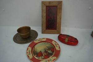 lot 55 image: Variety of Home Decor, Red trinket, Decorative Plate, bronze plate & small bowl, small picture