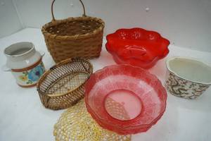 lot 56 image: Wicker Basket, 2 Plastic red bowls, small wicker basket, Dragon Bowl, and more