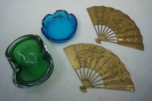 lot 57 image: 2 Brass Fans,Blue Glass Ashtray and green glass bowl