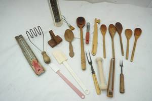 lot 65 image: Wood Kitchen Utensils, Pepper Grinder, Vintage Masher and more