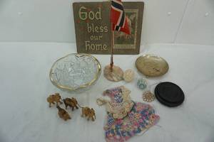 lot 76 image: Home Decor, Glass Bowl with gold rim, camels, 2 candle holder, Flag with onyx base, God Bless our home