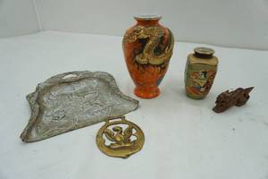 lot 87 image: Crumb Dish, 2 decorative vases, small wooden dragon and brass piece