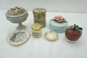 lot 88 image: Dresser Decor, Candle, blue trinket holder, and Glass Apple