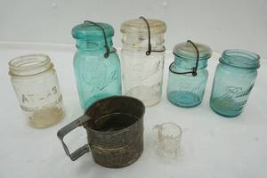 lot 101 image: Vintage Ball Jars 3 with Tops, 2 without tops, Vintage Flour Sifter