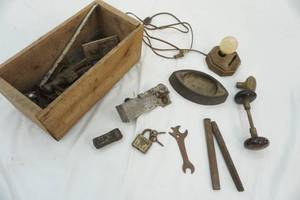 lot 110 image: Vintage wood box, sad iron and other tools