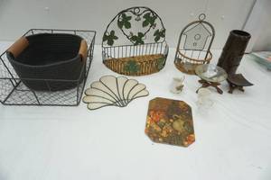 lot 133 image: Decor lot with candle stands, shelves and storage basket