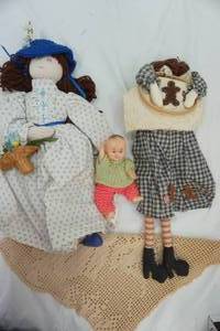 lot 240 image: Vintage Cloth Dolls and a Small Plastic Baby