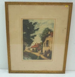 lot 192 image: Framed & Matted Picture of Cottage Houses
