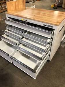 Husky Tool Storage 46 in. W Standard Duty Gloss White Mobile Workbench Cabinet with Solid Top Full Length Extension Table Customer Returns See Pictures