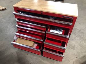 Husky 42 in. W x 18.1 in. D 8-Drawer Red Mobile Workbench Cabinet with Solid Wood Top Rusted   Customer Returns See Pictures