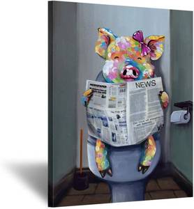 KREATIVE ARTS - 24x32inch - Canvas Art - Cute Pig Reading Newspaper on Toilet Painting Framed Prints Pictures to Hang for Bathroom Walls Decor