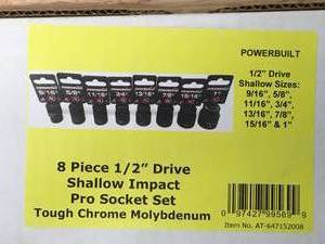 lot 13 image: Powerbuilt 8 Piece 12 Drive Shallow Impact Pro Socket Set Tough Chrome Molybdenum