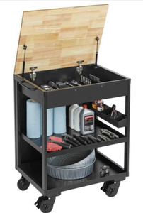 lot 138 image: HUSKY Extra Wide Utility Cart with Wooden Top in Black (28 in. W x 37.5 in. H x 21.5 in. D)