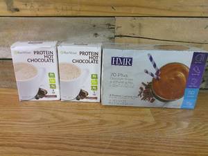 lot 26 image: Set of 2 BariWise Protein Hot Chocolate and HMR 70 Plus Chocolate Shake and Pudding Mix