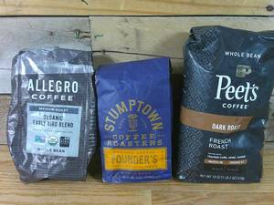 lot 90 image: Lot of 3 Whole Bean Coffee Bags-MediumDarkBlended-12 & 18 oz- BB 2324