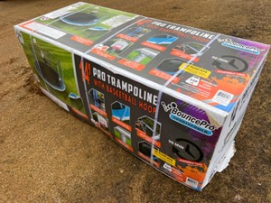 New - In Box - Bounce Pro 14-Foot Trampoline, with Safety Enclosure and BasketBall, Blue Gray