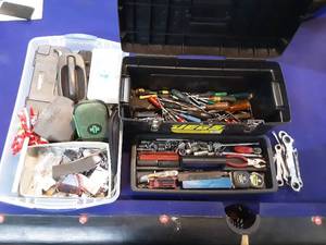 lot 149 image: Toolbox full of Hand Tools and box of Assorted partshardware