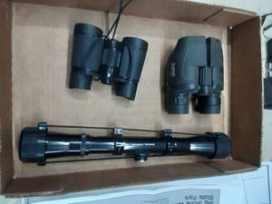 lot 57 image: Bushnell Scope 4x32, Bushnell Binoculars 7-15x25, Norico 4x30