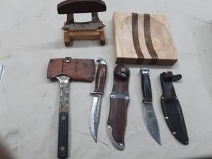 lot 63 image: 2 Vintage Hunting Knives, Hatchet, Hulu knife and Board