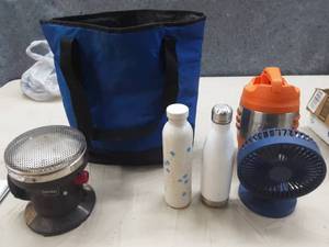 lot 65 image: Cooler, coleman heater, rechargeable fan, bubba keg,  waterbottles.