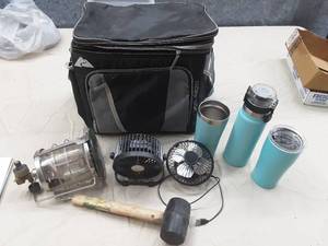lot 66 image: Cooler, Rechargeable fan, usb fan, lantern. (broken glass), 3 blue cups.
