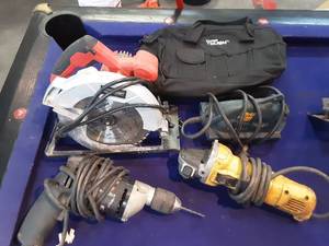lot 77 image: Dewalt Angle Grinder, Portercable Drill, Tool Shop Circular saw, Drill Doctor