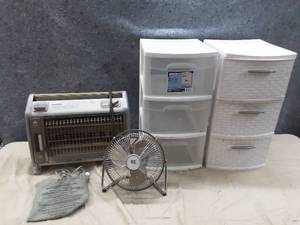 lot 98 image: 2 Sterilite 3 drawer organizers, fan, heater and hot pad