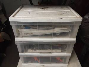 lot 99 image: 3 drawer Organizer full of hardware and inground sprinkler parts.