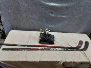 lot 106 image: R50 Hockey Skates (Adult Size 10), 2-Hockey Sticks