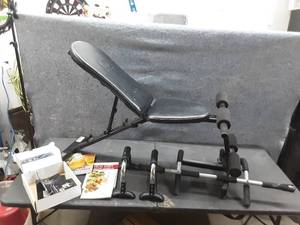 lot 118 image: Weight bench, door frame pull up bar, P90X Exercise program