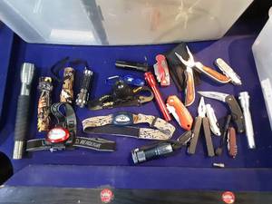 lot 129 image: Flashlights, Pocket Knives, Multi tools, headlamps