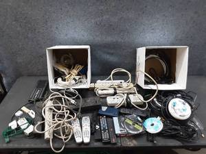 lot 132 image: Computer and TV AV cables, Multi plugs, surge protectors, remotes and more