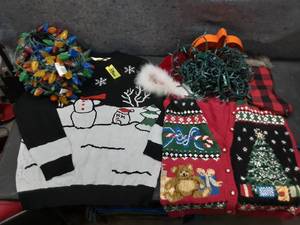lot 137 image: New Tipsy Elves funny Christmas sweater, vest, lights and more