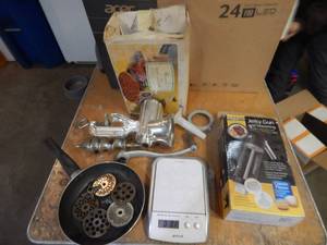 lot 39 image: Keystone Heavy Duty Meat Grinder with Attachments, Jerky Gun, 5 kg Scale.