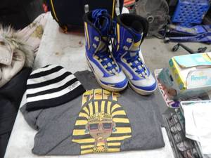 lot 140 image: Liquid Snowboard Boots Size 11, Neff hat and shirt size L