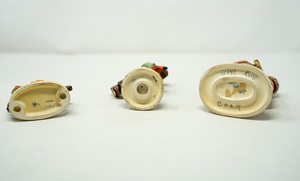 3 Vintage Hummel Girl sitting on Fence, boy & Umbrella, Girl with Pram