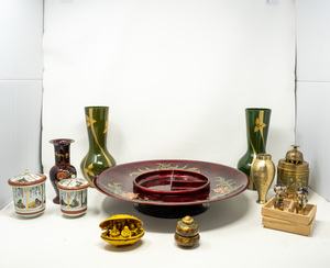 Vintage Asian Tableware 3 vases, 2 jars, Serving Platter, clam shell, 3 saltpepper, Jar with Bell, bronze vase wflower,