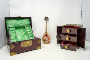 Vintage Jewelry boxes, Mandolin decoration (3 pcs) music box brown, red