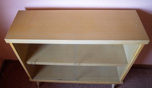 Vintage 1950s Blond Bookshelf with glass sliding doors and Peg style legs