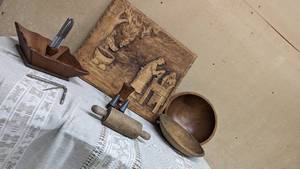 Vintage Finnish Wood Plaque Carved & misc nutbowl