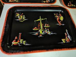 Vintage group Memory Pillowcase, Camp Ripley, 1940s trays, Chinese Metal made in England