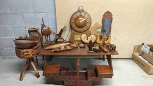 Large Vintage MCM wood Lot coffee table, Rexall 1954 Rx clock, Plant Stand, sewing box (expansive), misc